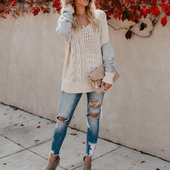 NWT Criss Cross Back Cable Knit Contrast Sweater - Picture 1 of 8